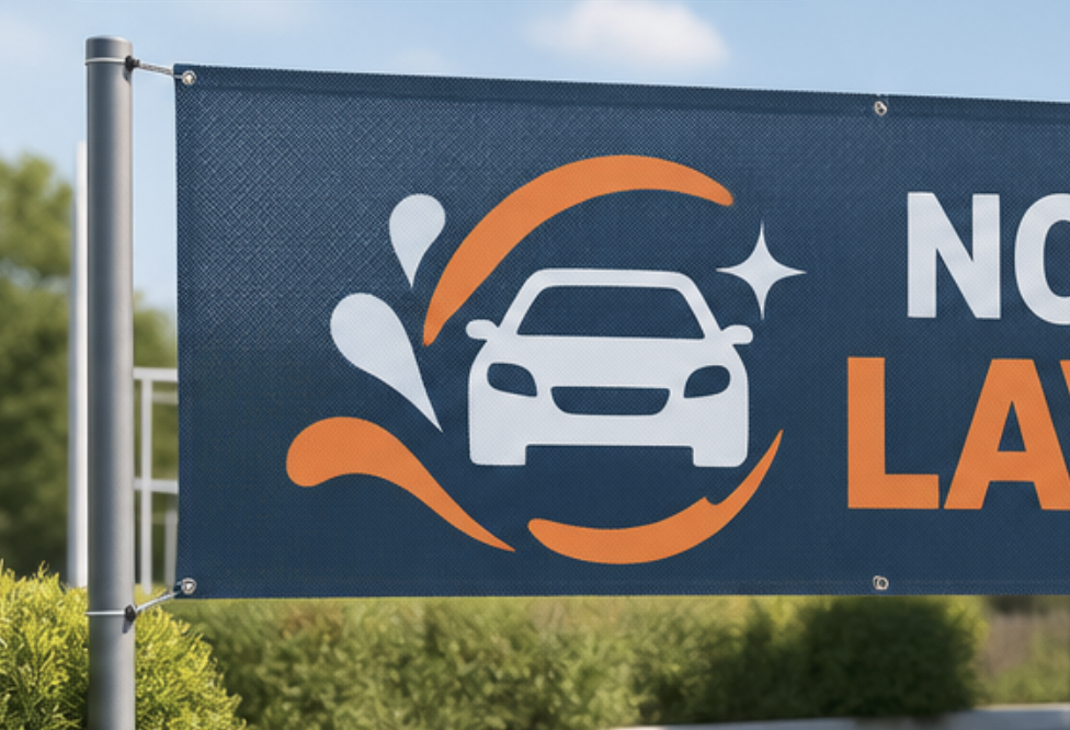 Gros plan sur une bâche grille micro perforée bleu foncé fixée sur une structure métallique, avec un visuel de voiture et des éléments graphiques orange et blancs.