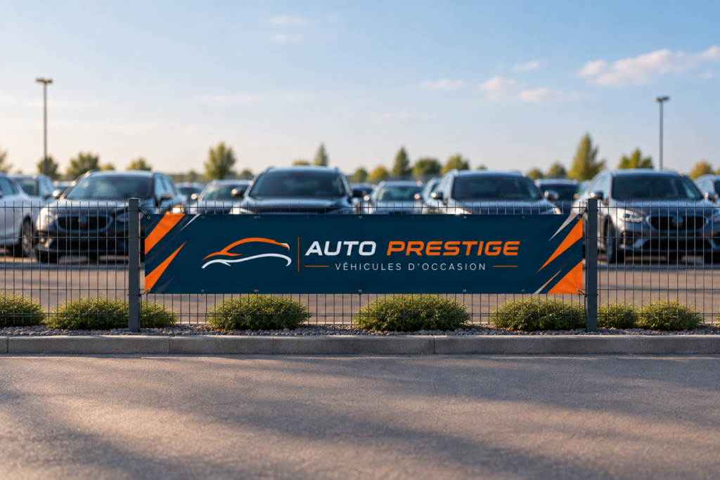 Banderole tissée personnalisée pour concession automobile avec voitures en arrière-plan