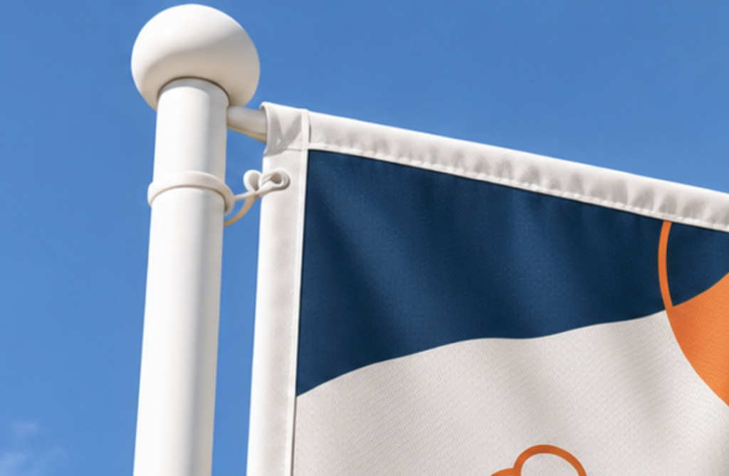 Gros plan sur le haut d'un mât en aluminium cylindrique blanc, auquel est fixée une oriflamme aux formes bleu marine et orange sur fond crème, avec ses attaches et sa couture visibles, sur un ciel bleu.