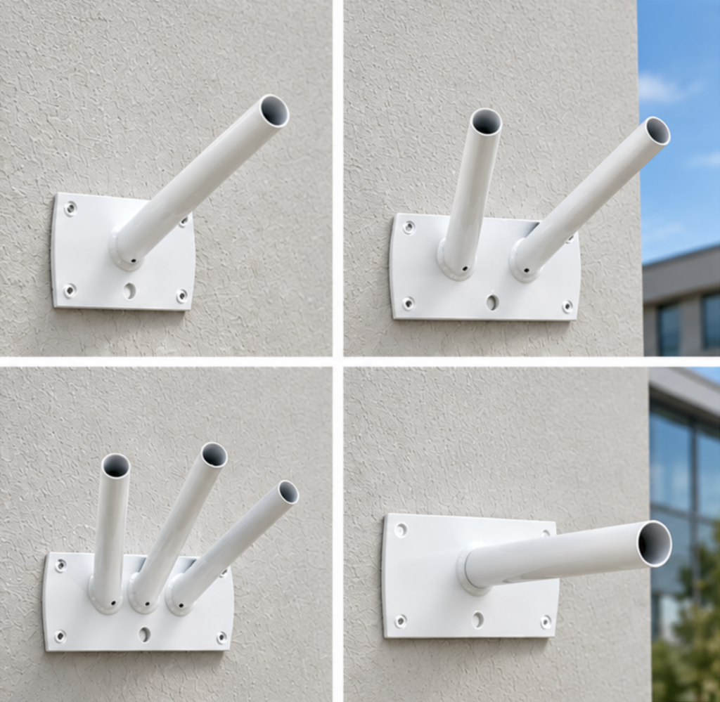 Mât de façade cylindrique Ø 36 mm avec différents supports de fixation murale