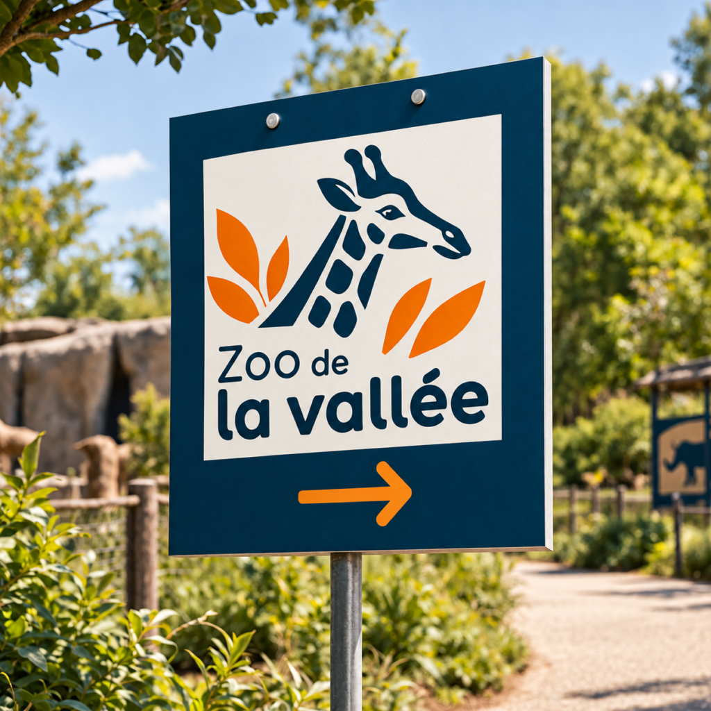 Panneau signalétique de zoo bleu foncé et orange, représentant une girafe et indiquant la direction à suivre sur un chemin du parc.