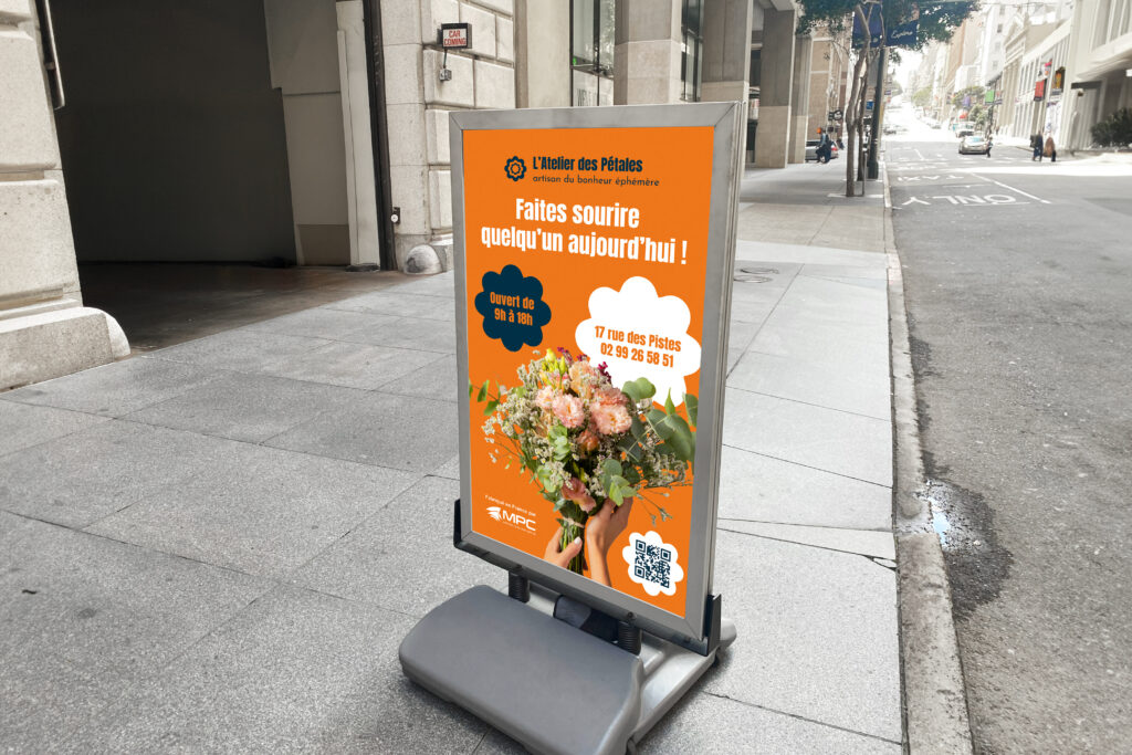 Signalétique de trottoir publicitaire sur base lestée, affichant une affiche orange pour le fleuriste "L'Atelier des Pétales" avec une photo de bouquet de fleurs, installé sur un trottoir en ville.