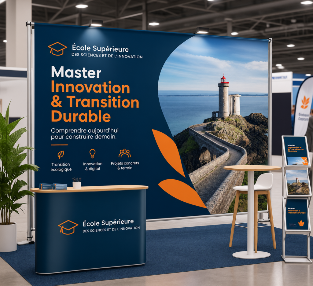 Stand d’exposition avec une structure grand format pour promouvoir un Master Innovation & Transition Durable, accompagné d’un comptoir d’accueil et d’un espace de présentation.
