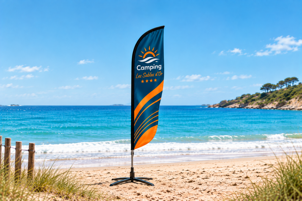 Voile-Beach publicitaire, mât aluminium et pied croix flexible, sur une plage — exemple visuel Camping Les Sables d'Or