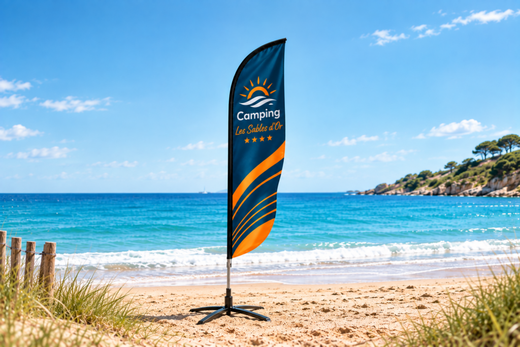 Voile-Beach publicitaire, mât aluminium et pied croix flexible, sur une plage — exemple visuel Camping Les Sables d'Or