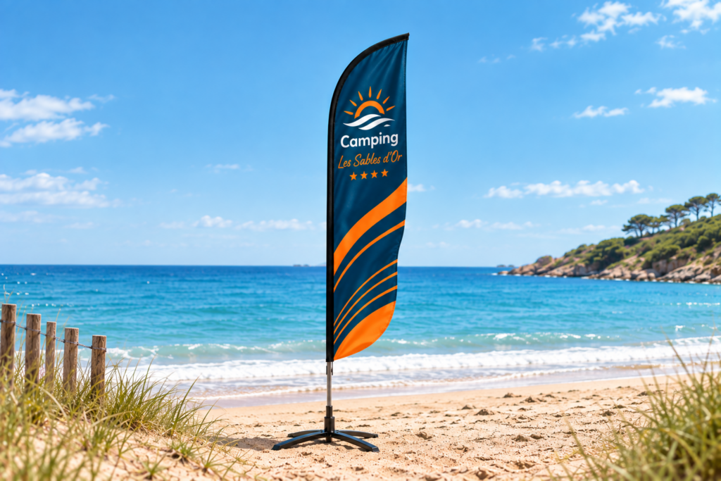 Voile-Beach publicitaire, mât aluminium et pied croix flexible, sur une plage — exemple visuel Camping Les Sables d'Or