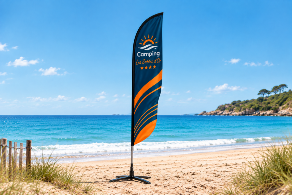 Voile-Beach publicitaire, mât aluminium et pied croix flexible, sur une plage — exemple visuel Camping Les Sables d'Or