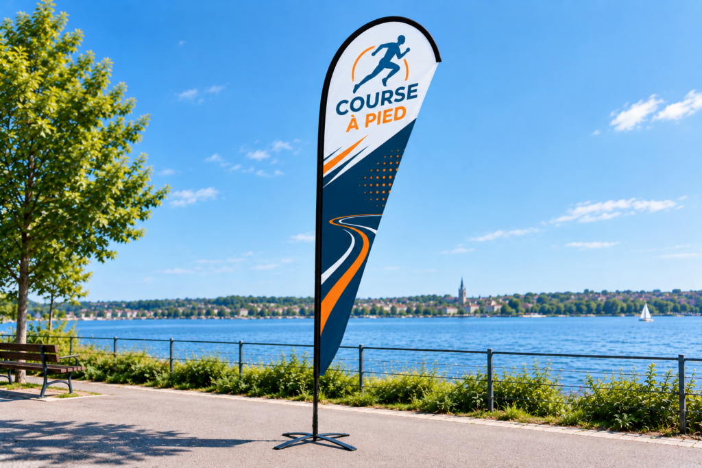 Voile publicitaire goutte personnalisée pour la course à pied, avec logo sportif bleu marine et orange sur fond blanc, installée en bord de lac.