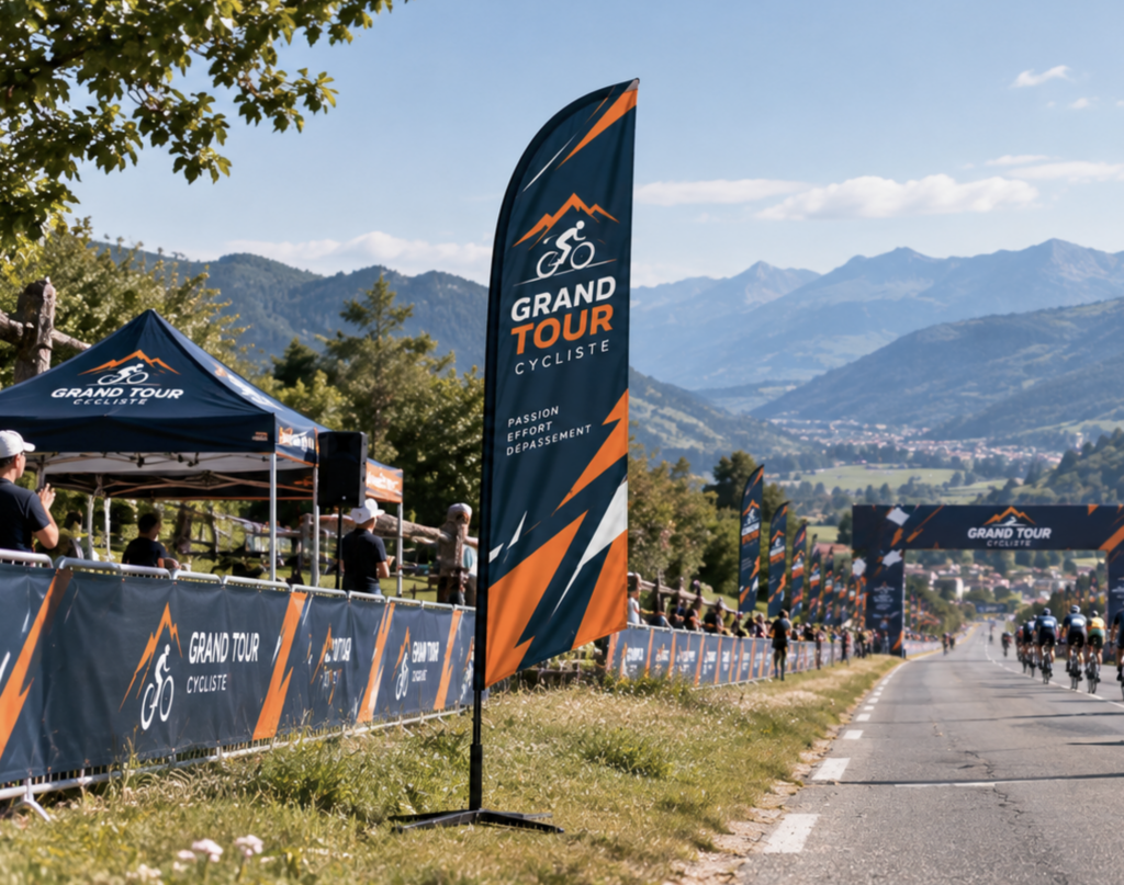 Voile plume 2,22 m personnalisée pour une course cycliste en extérieur
