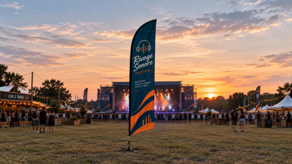 Voile plume 5 m personnalisée pour festival de musique en extérieur