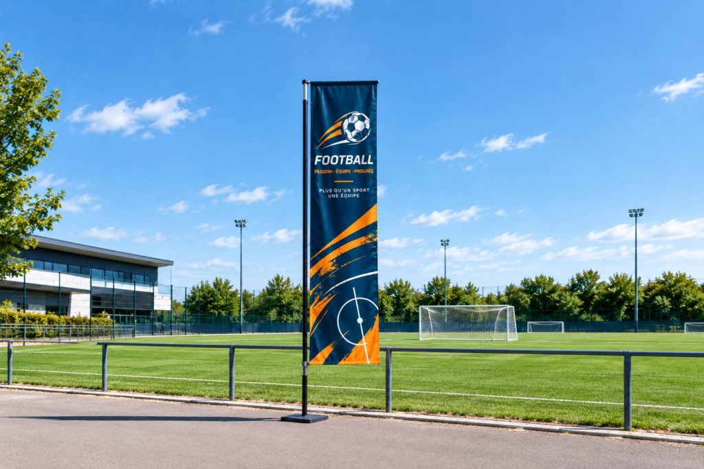 Voile rectangulaire personnalisée avec visuel de football installée devant un terrain de football extérieur.
