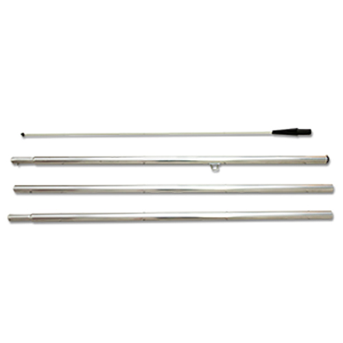 Kit de mât démontable pour drapeau publicitaire comprenant trois tubes rigides en aluminium argenté et un long scion flexible supérieur blanc et noir, disposés horizontalement sur fond blanc.