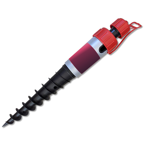 Pied piquet à visser en plastique noir avec une large vis sans fin hélicoïdale, tête de fixation rouge et manchon cylindrique.
