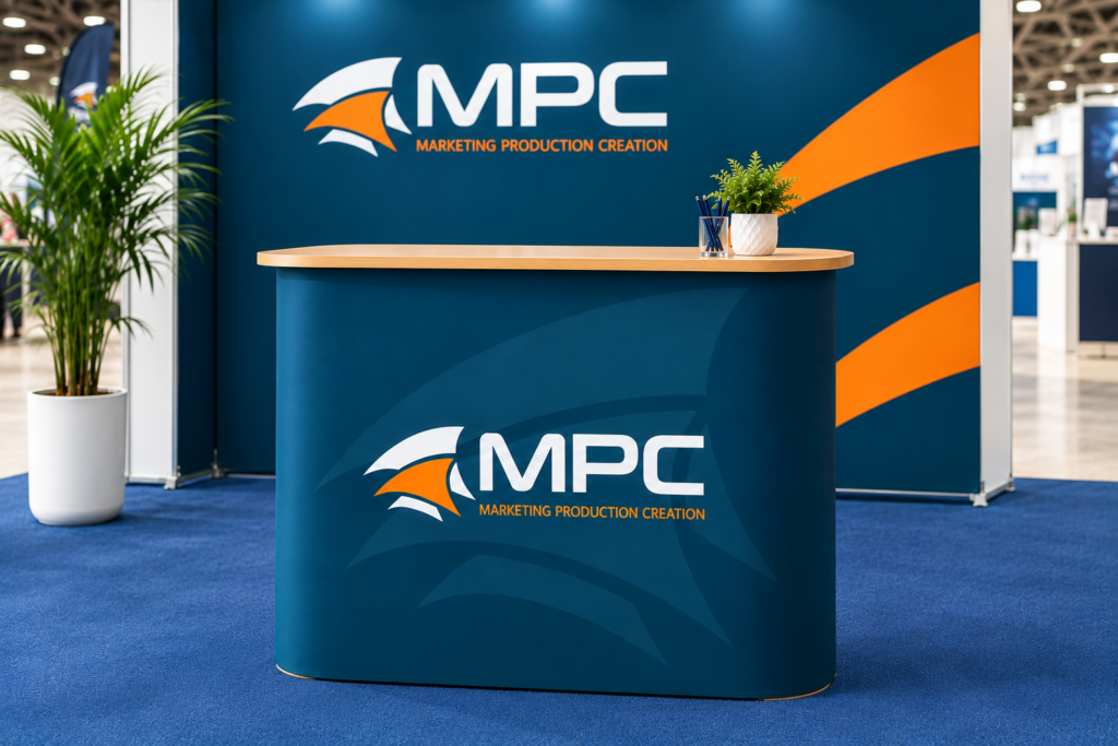 Comptoir d'accueil événementiel bleu marine avec plateau en bois, affichant le logo "MPC Marketing Production Création".