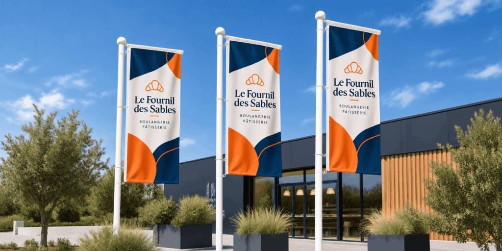 Trois oriflammes alignées sur des mâts blancs devant la boulangerie « Le Fournil des Sables », avec leur logo de croissant orange, le nom en bleu marine, la mention « Boulangerie Pâtisserie » et des formes orange et bleu marine sur fond crème. Au second plan, la façade moderne du commerce en bardage sombre et bois, sous un ciel bleu.