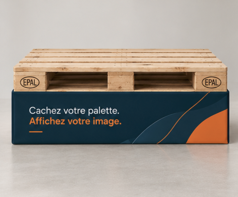 Vue de face d'une jupe de palette personnalisée bleu marine et orange, avec le slogan 'Cachez votre palette. Affichez votre image.'