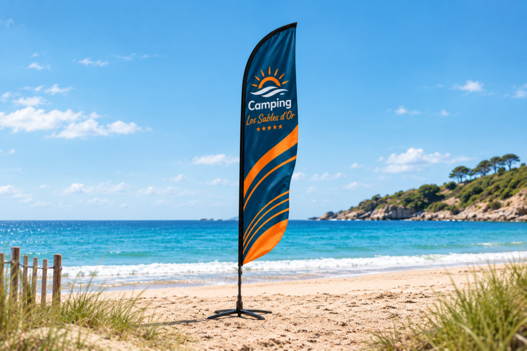 Voile-Beach publicitaire, mât aluminium et pied croix flexible, sur une plage. Visuel Camping Les Sables d'Or