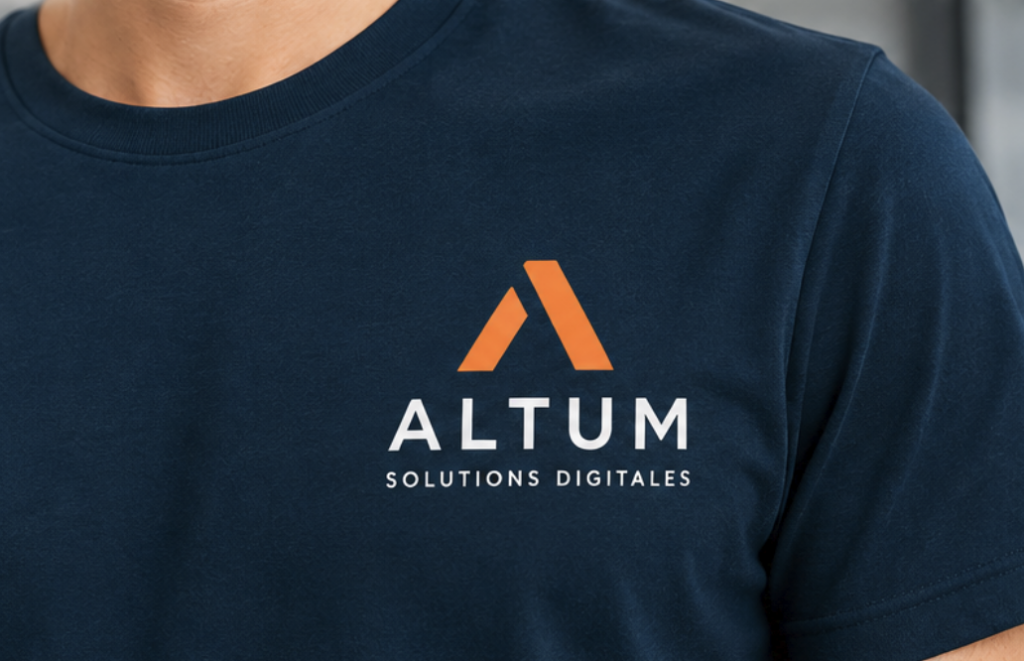 T-shirt bleu marine floqué du logo Altum Solutions Digitales sur la poitrine, porté par un homme.