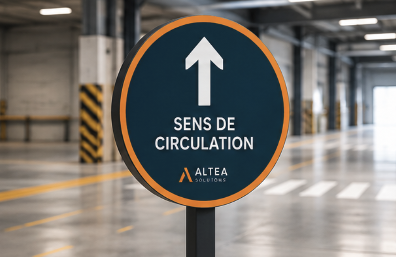 Panneau signalétique rond en acier sur mât, indiquant 'Sens de circulation' avec flèche blanche et logo Altea Solutions, installé dans un entrepôt.