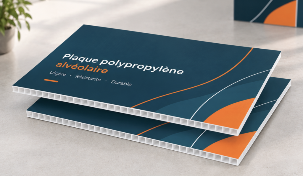 Plaques en polypropylène alvéolaire type akylux blanches avec une face imprimée en bleu foncé et orange, présentées en superposition sur un fond clair.