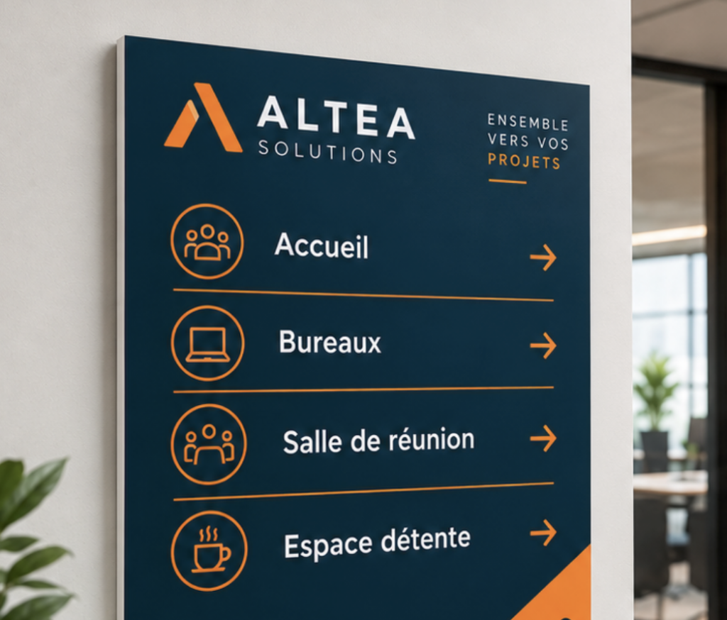 Plaque de signalétique d'entreprise en PVC expansé fixée au mur, avec logo Altea Solutions et pictogrammes orange indiquant les différents espaces du bureau.