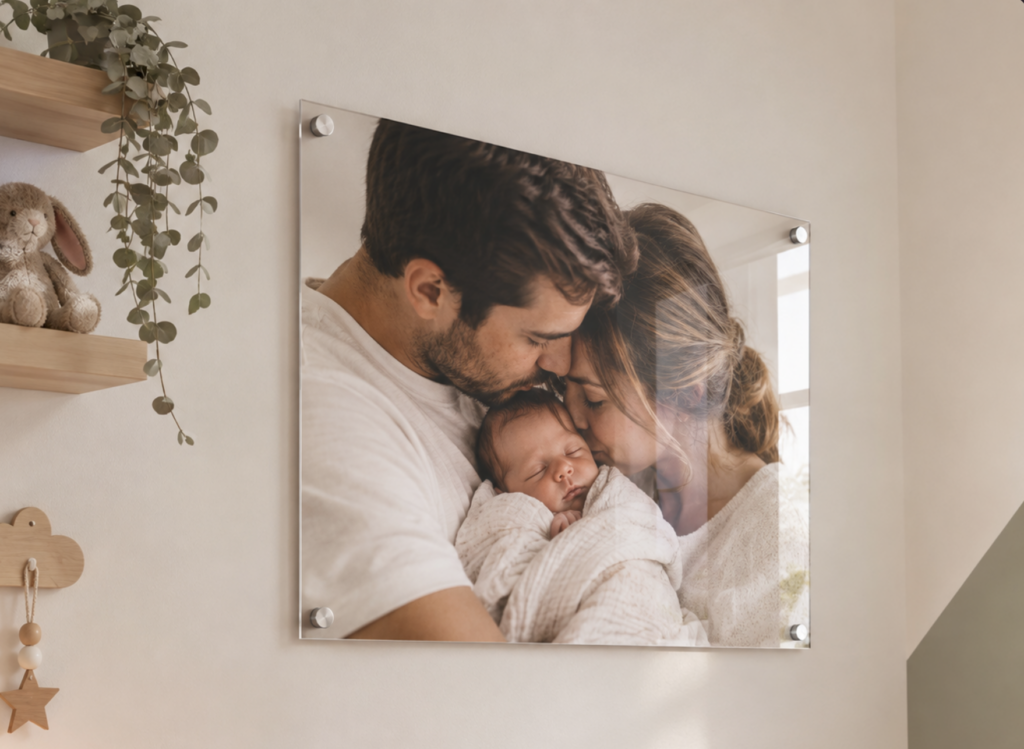 Photo encadrée en plaque de verre, fixée au mur par quatre fixations métalliques rondes, dans une chambre de bébé lumineuse aux tons naturels (bois clair, plantes, jouets doux). L'image montre un père et une mère penchés tendrement au-dessus de leur nouveau-né endormi, emmailloté, qu'ils tiennent contre eux.
