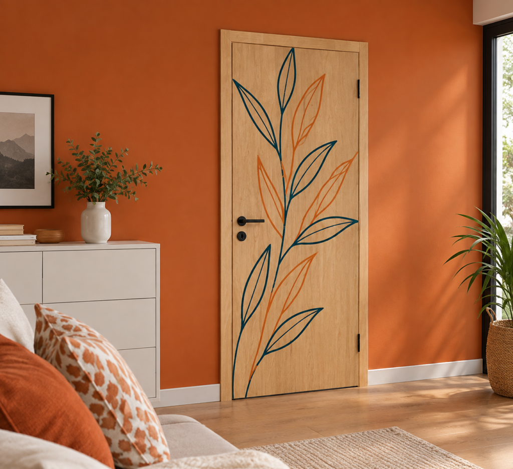 Porte décorative intérieure en bois clair, ornée d'un motif de feuillage stylisé en bleu marine et orange, dans une chambre au mur terracotta.