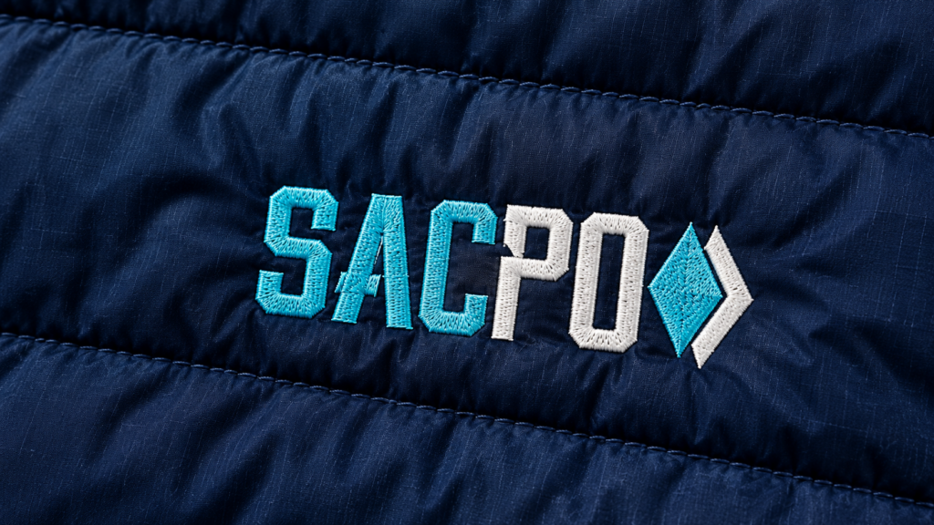 Gros plan sur une broderie textile personnalisée 'SACPO' en fils bleu turquoise et blanc, réalisée sur une veste matelassée bleu marine.